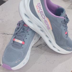 Skechers Slip Ins Go Run Women's Gray Sneakers with Purple Accents